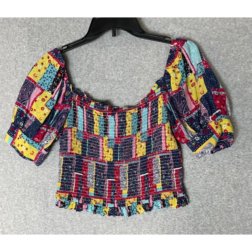 Rock & Roll Crop Top Womens Large Patchwork Puff Sleeve Western Hippie Smocked